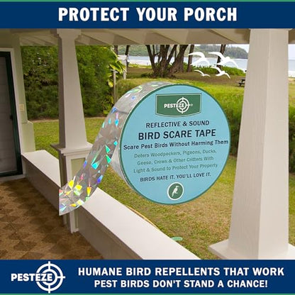 PESTEZE USA Bird Deterrent Reflective Tape–Dual-Sided Holographic Scare Ribbon (2in x 360ft) to Repel Nuisance Birds and Protect Gardens, Patios, Yards & Buildings from Pigeons, Woodpeckers, & Geese