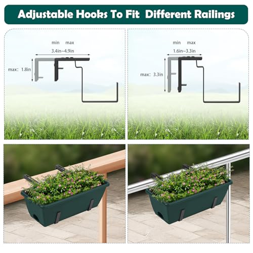 6 Pack Deck Railing Planter Boxes Outdoor Fence Planters with Drainage Holes, 17’’ Window Boxes Planters with Adjustable Metal Brackets for Garden, Balcony, Patio, Green - color: Green