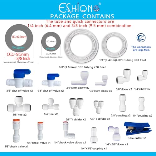 ESHIONG NSF Certified 1/4" & 3/8"O.D. Water Line Tubing and Push to Connect Fittings for RO (Reverse Osmosis) Water Filter 30 pcs+30 feet 1/4" tubing+30 feet 3/8" tubing. - style: 1/4" & 3/8" Tubing and Fittings Kit
