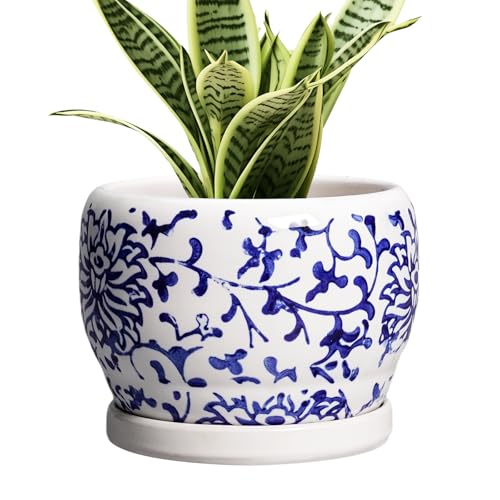 SQOWL 6 Inch Planter - Ceramic Plant Pots Indoor with Drainage Hole and Saucer, Round Ceramic Flower Pot Outdoor, Porcelain Decorative Planter, Backyard Decor, Gifts for Plant Lovers, Blue and White - color: White Porcelain, size: 6 Inch