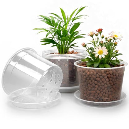 RAOOKIF 8 Inch Nursery Pots with Saucers, 6 Pack Clear Nursery Pots with Drainage Hole for Indoor Outdoor, Large Size Plastic Clear Pots for Plants for Flowers, Succulents, Vegetables - size: 8 inch-6pcs