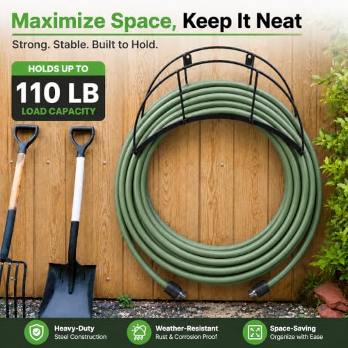 Heavy Duty Metal Garden Hose Holder Wall Mount – Outdoor Hose Hanger, Water Hose Holder, Garden Hose Rack, Beam Hose Rack, Extension Cord Holder Wall Mount (BLACK) - size: 8.27in