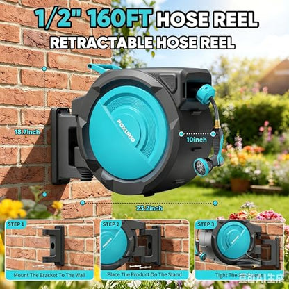 1/2" 160FT Retractable Garden Hose Reel - POXURIO Heavy Duty Automatic Wall Mounted Hose Reel Upgraded UV Resistant, 3/4" Brass Fitting, 10 Pattern Nozzle, 180° Swivel&Any Length Lock Slow Retraction - size: 160FT-1/2"