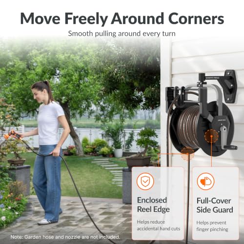 Giraffe Tools Garden Hose Reel, Wall Mounted 125FT 5/8" Hose Capacity, Heavy Duty Water Hose Reel for Outside, Retractable Hose Guide with Crank Handle, 210° Swivel, for Yard Lawn Garage