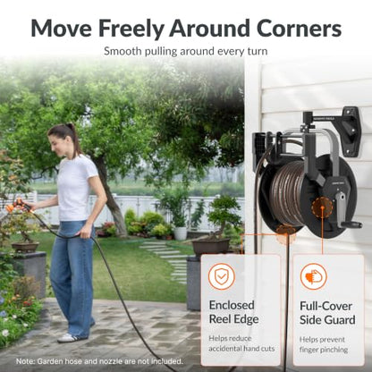 Giraffe Tools Garden Hose Reel, Wall Mounted 125FT 5/8" Hose Capacity, Heavy Duty Water Hose Reel for Outside, Retractable Hose Guide with Crank Handle, 210° Swivel, for Yard Lawn Garage