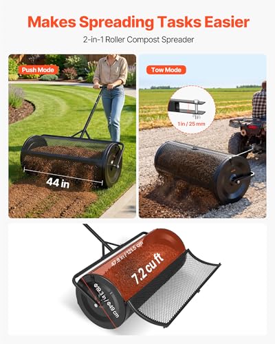 VEVOR Compost Spreader, 44" Wide Peat Moss Spreader with Push/Tow Handle, 4 Heights Adjustable, Powder-Coated Steel Garden Peat Moss Roller, Heavy Duty Grass Seed R - style: 44in