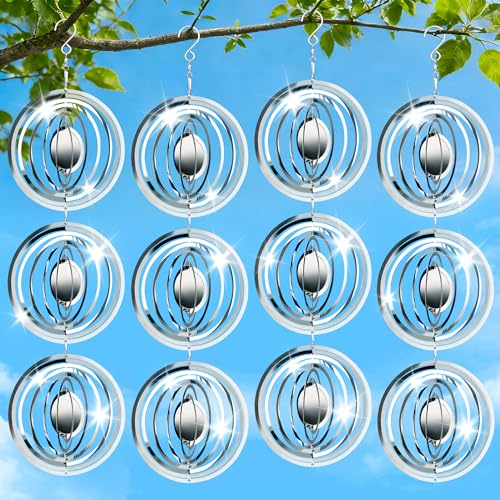 12 PCS Bird Deterrents for Outside Stainless Steel Wind Spinners 3D High Reflective Mirror Bird Reflectors to Keep Woodpeckers Swallows Sparrow Away from Garden Yard Porch Orchard