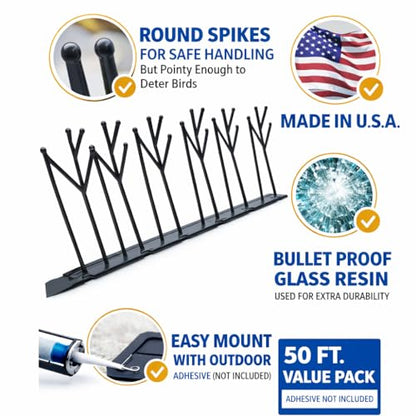 Heavy Duty Bird Spikes – Made in USA – Pigeon & Bird Deterrent for Ledges, Roofs, Fences & Window Sills – Durable Outdoor Anti-Roost Spikes – Humane Bird Control – No Glue Included (50 ft) - size: 50 ft