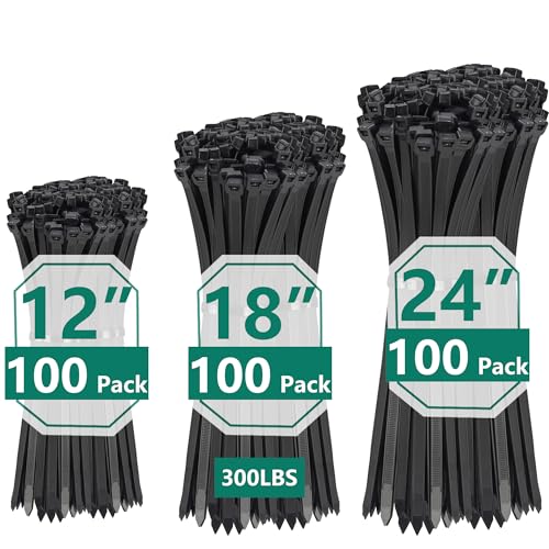 Zip Ties Assorted Sizes 300 Pack,12+14+18 Inch, 300LBS Tensile Strength Heavy Duty Self-locking Nylon Black Cable ties for Indoor Outdoor - color: Black, size: 12+18+24 inch(300pcs)