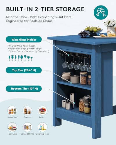 SERWALL 3-Piece Outdoor HDPE Counter-Height Bar Set with 2 Stools, Blue - color: Blue, size: 3 Piece Bar Set
