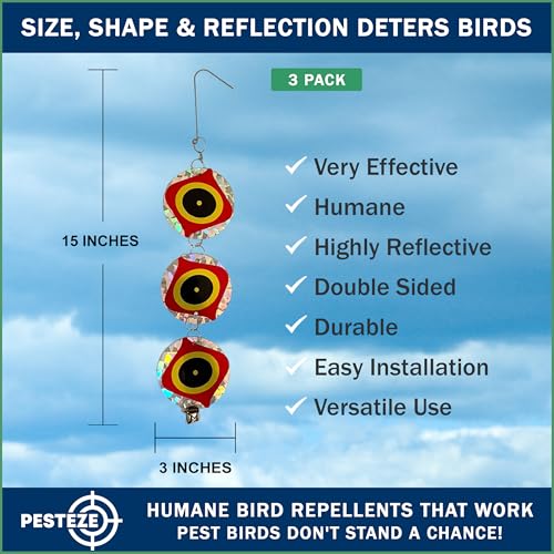 PESTEZE USA Bird Deterrent Discs 3 Pack–Holographic Reflective Circles with Predator Eyes & Bell to Scare Birds Away–Humane Repellent Keeps Birds, Pigeons, Crows & Sparrows from Gardens, Trees, Patios