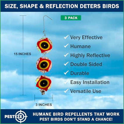 PESTEZE USA Bird Deterrent Discs 3 Pack–Holographic Reflective Circles with Predator Eyes & Bell to Scare Birds Away–Humane Repellent Keeps Birds, Pigeons, Crows & Sparrows from Gardens, Trees, Patios