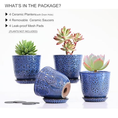 Gepege Ceramic Succulent Pots, 4 Inch Small Plant Pots with Drainage - color: Blue, size: 4 Inch - Set of 4