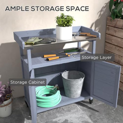 Outsunny Outdoor Wooden Potting Bench Table w/Storage Cabinet, Gray