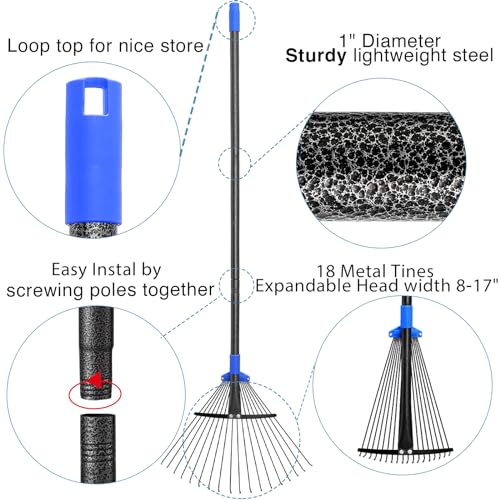 Adjustable Leaf Rake, Metal Garden Rakes for Lawns Heavy Duty Leaves with Expandable Head 8-17", Yard Women Kids Rake for Gardening RV Camping 30-70 inch