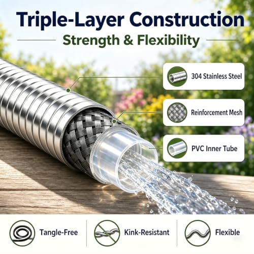 Metal Garden Hose 25 ft – 304 Stainless Steel Water Hose with Nozzle Sprayer, Garden Hoses Flexible, Lightweight, No Kink, Heavy Duty for Outdoor (25 ft) - size: 25 feet