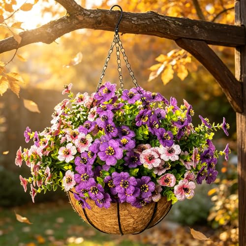 Artificial Hanging Flowers, UV Resistant, 12 Bundles, Pink Purple - color: Pink+purple