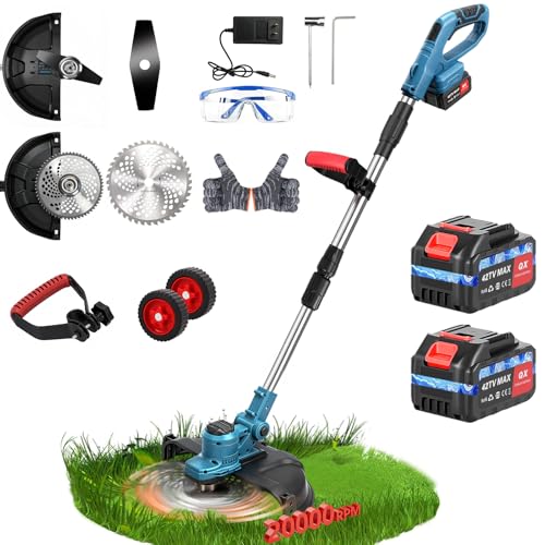 20000 RPM Electric Weed Wacker with Wheel,12″ Brushless Cordless Weed Eater Battery Powered, String Trimmer/Brush Cutter/Grass Trimmer/Lawn Mower, Edger Weed Trimmer for Garden Yard Tool
