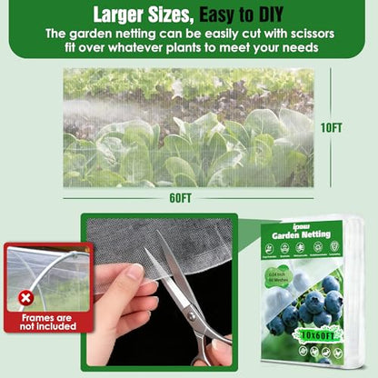 10 X 60FT Garden Mesh Netting Ultra Fine Mesh Netting Pest Barrier, Insect Bug Bird Netting for Vegetables Fruit Flower Garden Protection, Thickened 60 Mesh Row Covers Fabric Screen from Birds Bugs - size: 10FT X 60FT