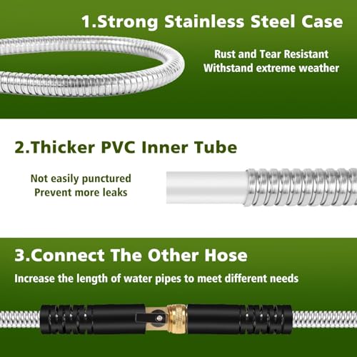 Metal Garden Hose 50ft Stainless Steel Hose Heavy Duty Flexible Water Hose with 10 Way Spray Nozzle Durable 3/4 Solid Brass Fittings-Outdoor Yard Lightweight No Kink Collapsible Water Pipe - size: 50FT