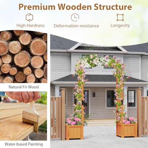 Giantex Garden Arbor with Planter Boxes, Wooden Arch with Trellis and Raised Garden Bed for Climbing Vine Plants Vegetables Herbs, Decorative Arbor Archway for Wedding, Ceremony, Party (Orange)