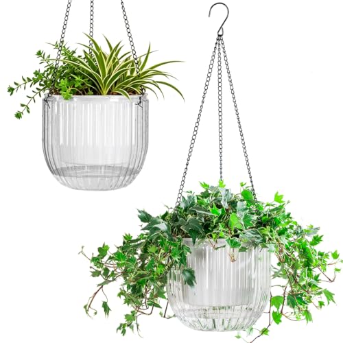 Melphoe 2 Pack Self Watering Hanging Planters Indoor Flower Pots, 8.3 Inch Outdoor Hanging Basket, Plant Hanger with 3Hooks Drainage Holes for Garden Home (White) - color: White, size: 8.3''+8.3''