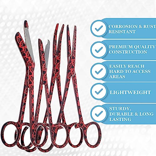 5 pc Bandage Scissors 5.5", Stitch Scissors 4.5", Hemostat 5.5" Straight & Curved, Diagnostic Penlight Made of Premium Quality Stainless Steel - For Training Emergency Supplies & First Aid Kit (Red) - color: Red