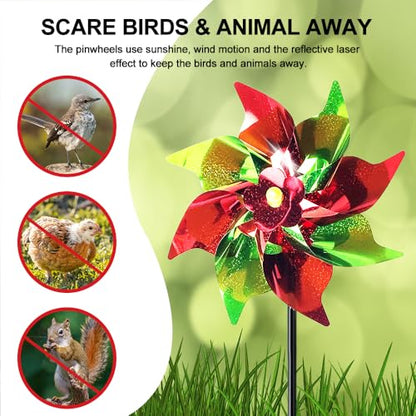 10 Pack Garden Pinwheels with Plastic Stakes | 20 inch Sparkle Pin Wheel Set to Scare Off Birds and Animals Away | Great Pinwheels for Yard and Garden