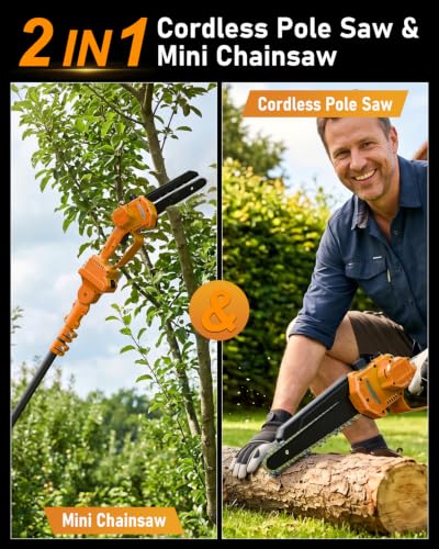 Electric Pole Saw 6“ Mini Chainsaw Cordless Telescopic 4.0Ah Batteries Fast Charger Adjustable Shoulder StrapTree Trimmer Limb Branch Cutter Pruner 16 Ft Max Reach Multi-Angle Yellow - color: Yellow-1 Battery
