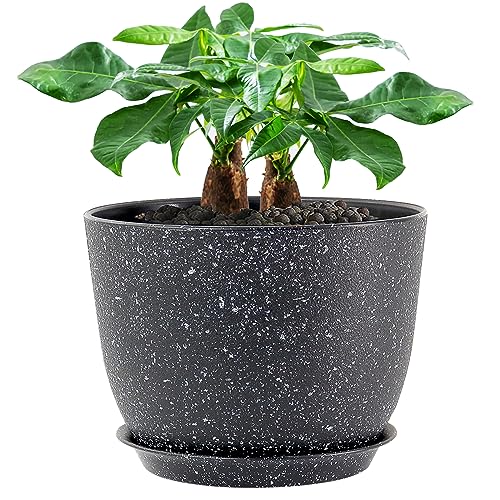 UOUZ 12inch Large Plant Pot, Modern Plastic Planter with High Driange Holes and Saucer for Indoor Outdoor Garden Plants and Flowers, Black Speckles - color: Black Speckles
