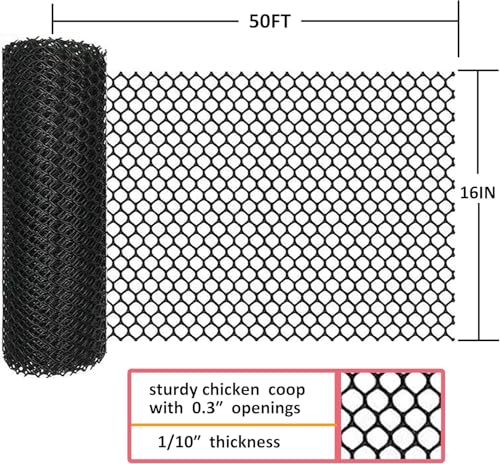 Plastic Chicken Wire Mesh - 16 in x 50 ft Black,Comes with 30 Twist Ties, Plastic Wire Mesh Fence for Dogs, Cats & Poultry - Garden Netting & Animal Barrier, Balcony Netting for Pets - WEYHDDTL - size: 16Inchx50Ft(0.3"Opening)