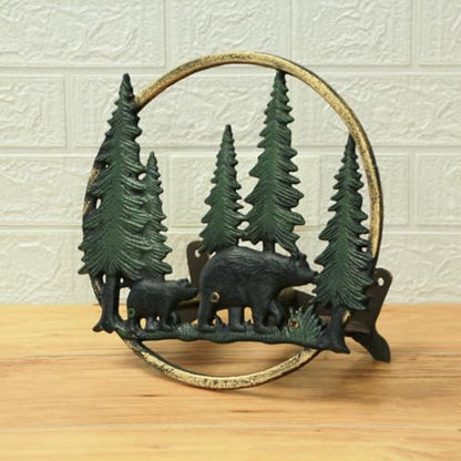 Zeckos Garden Hose Holder Black Bears in Forest 11 Inch Cast Iron - color: Bears - Green