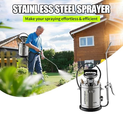 1 Gallon Pump Sprayer, Heavy Duty Stainless Steel Garden Sprayer with 14" All-Steel Wand & 4FT Reinforced Hose for Lawn Care, Weed Control & Pest Control, Includes Viton & EPDM Seals, Gloves - size: 1G/4L
