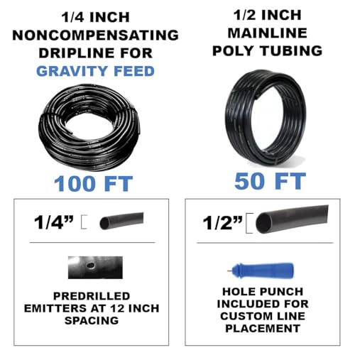BlueBarrel™ Gravity-Fed Drip Irrigation Kit with Inline Emitters: No-Pressure/Low-Pressure Irrigation for Rain Barrels, Rain Tanks, & Cisterns. Made in USA; Instructions & Videos Included