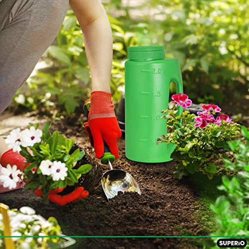 Superio Lawn Seed Spreader, Handheld Shaker for Lawn Seeds, Ice Melt Salt, Calcium, Deicer, Weed and Feed Spreader, 2 Liter, Adjustable Hole Size, with Cut Out Handle - color: Green