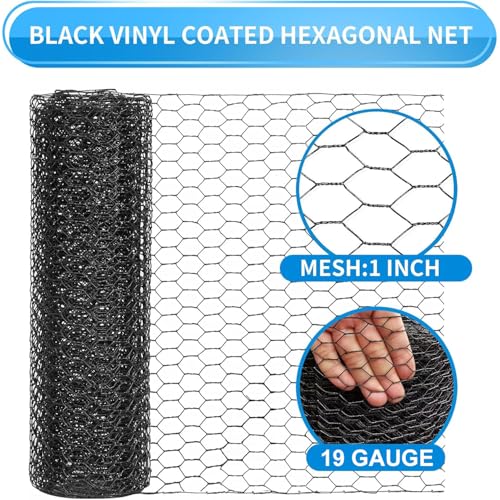 12'' x 50' Black Chicken Wire Fencing, 1 inch Chicken Wire and 19 Gauge Poultry Netting, Garden Mesh Fence Roll for Floral Arrangements/Crafts/Farm/Livestock/Pet Protection - size: 19 gauge 12'' x 50'
