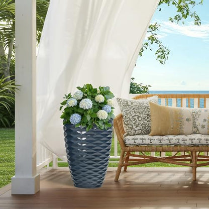 19" Wavy Ceramic-Look Outdoor Planters for Plants Set of 2 Tall Pots - color: 19"h-navy Blue Wavy