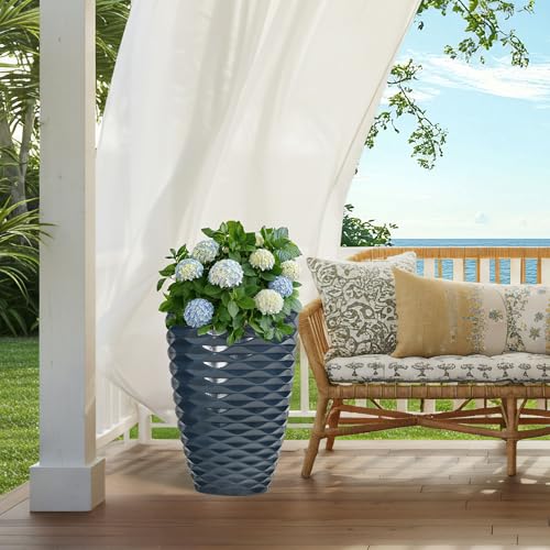 19" Wavy Ceramic-Look Outdoor Planters for Plants Set of 2 Tall Pots - color: 19"h-navy Blue Wavy