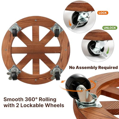 2 Pack Plant Caddy with Wheels 12'' Wood Rolling Plant Stand Indoor Brown