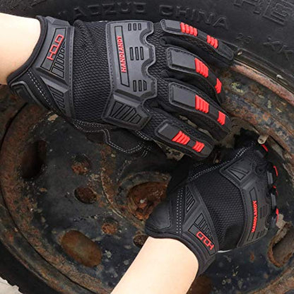 HANDLANDY Mens Work Gloves Touch screen, Utility Mechanic Gloves, Flexible Breathable Fit- Padded Knuckles & Palm - color: Black Red, size: Large