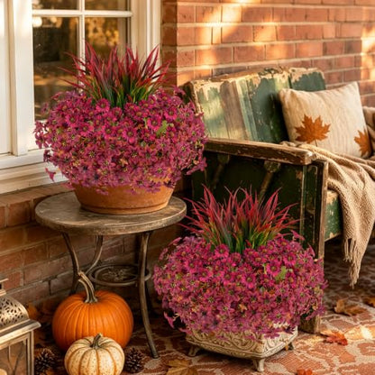 18PCS Artificial Fall Flowers Outdoors, UV Resistant Fake Mums with Grass - color: Burgundy Daisies & Violets & Grass