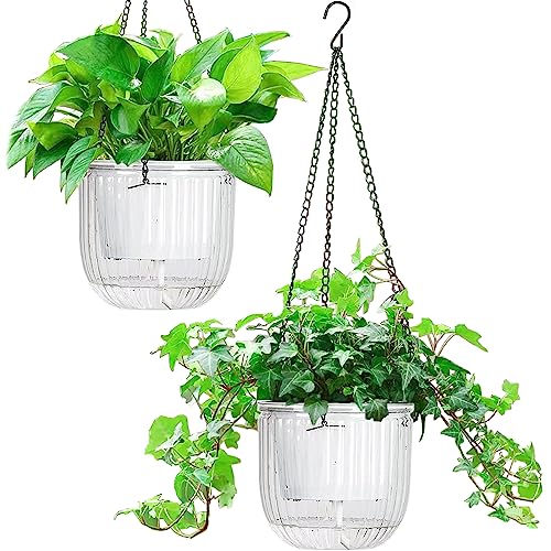 Melphoe 2 Pack Self Watering Hanging Planters Indoor Flower Pots, 6.5 Inch Outdoor Hanging Plant Pot Basket, Plant Hanger with 3Hooks Drainage Holes for Garden Home - color: White, size: 6.5''+6.5''