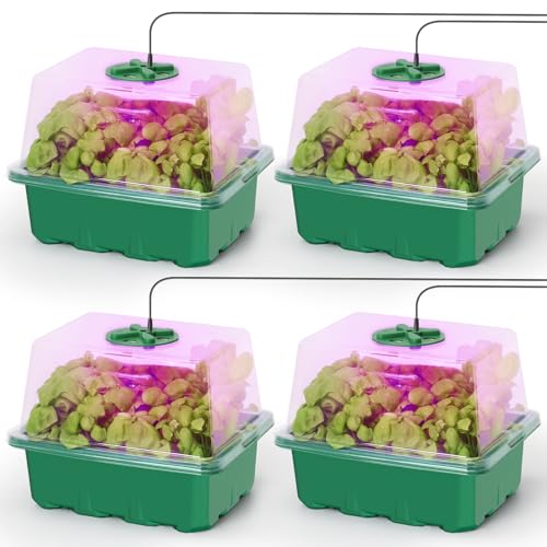 MIXC 4 Pack Seed Starter Kit with Grow Light, Vented Humidity Dome, Green - color: Green, size: 12 Cells With Light-4 Packs