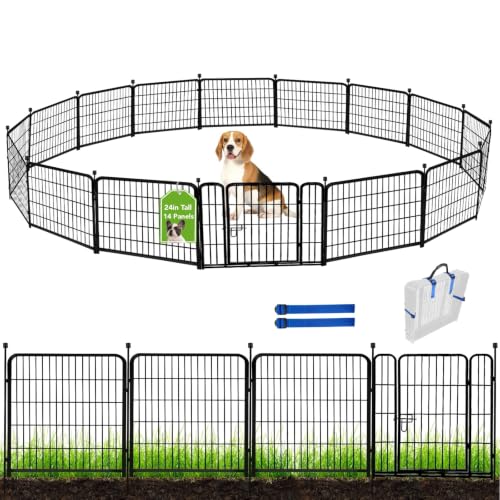 ADAVIN 24 in(H) Garden Fence with Gate, 14 Panels Heavy Duty Iron Metal Animal Barrier Fence, Camping Fence, Garden Fences and Borders for Dogs,Total 34.5 Ft(L), Black - size: 14panels-24in(H)×34.5ft(L)