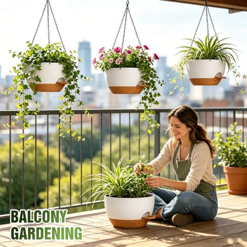 12 Inch Large Self Watering Hanging Planters 2 Pack with Saucers - color: White Brown, size: 12 Inch 2 Pack