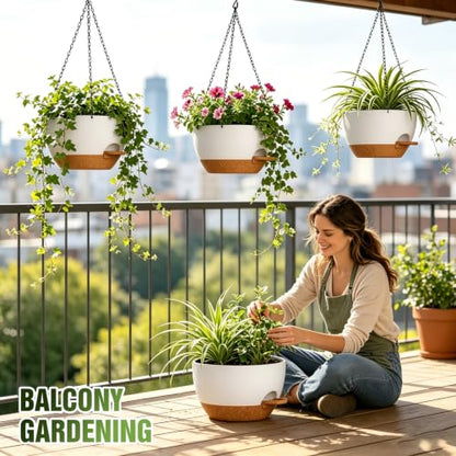 12 Inch Large Self Watering Hanging Planters 2 Pack with Saucers - color: White Brown, size: 12 Inch 2 Pack