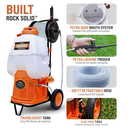 PetraTools Battery Powered Sprayer w/Cart & Retractable 100 ft Hose Reel - style: HD5000 with Hose Reel