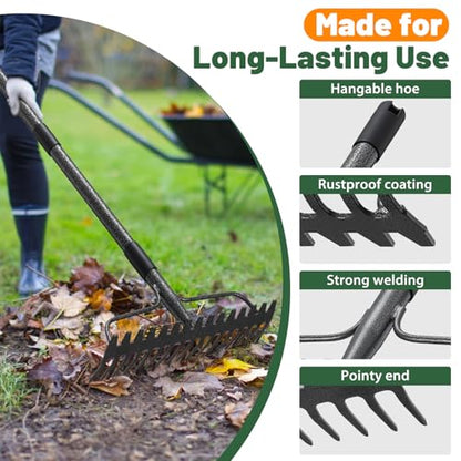 Rake, 17 Tines with 49 Inch Handle, 17 Inch Wide Heavy Duty Garden Thatch Leaf Rake for Raking Leaf Loosening Soil Gathering Mulch Leveling Rocks, Rustproof Metal Bow Rakes for Leaves Grass - style: 49"