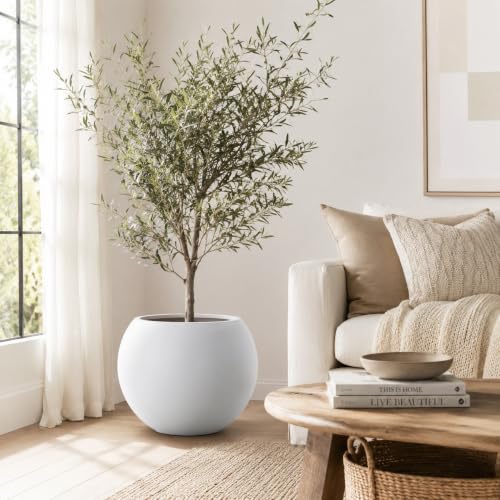 17" H x 21" Dia White Fiberstone Planter Pot with Drainage Hole, Extra Large Decorative Flower Pot for Indoor Outdoor Trees, Plants & Shrubs, Round Planter for Patio, Porch, Garden & Home Décor - color: White