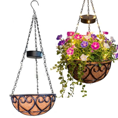 Neioaas 2PCS Solar Hanging Flower Baskets with Light 10 Inch for Outside